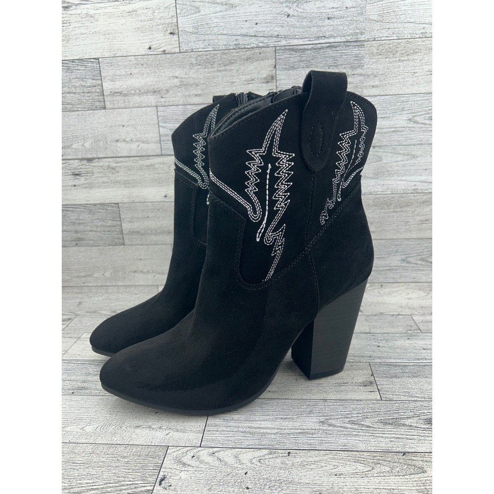 Code West CW169 Black Western Ankle Boots Embroidery Block Heel Women Sz 8.5M